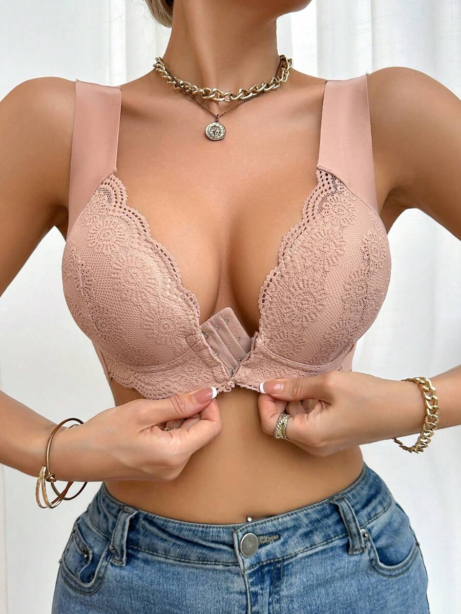Lace Patchwork Front Closure Women's Bralette (Wireless), 1pc - Apricot - View 1