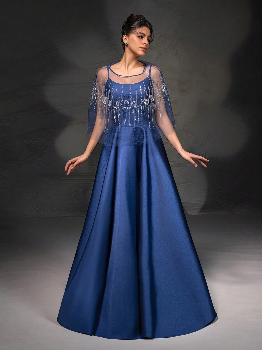 New Elegant Lace Mesh Shoulder Strap A-Line Evening Dress With Shawl - Blue - View 1