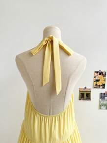Soleia Váy chữ A xòe nhiều lớp chéo lưng phong cách nghỉ mát cho nữ, dễ thương, giản dị, thanh lịch cho tiệc tùng, trường học, công sở, mùa thu, màu vàng nhạt - Màu vàng - Xem 5