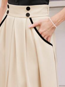 Vintamour 复古优雅女式 A 字裙，编织褶皱搭配撞色边缘，双排扣带口袋，适合度假和工作通勤返校服秋季女装老款商务女装休闲服教师服秋季服装工作女装 - 杏色 - 查看 2