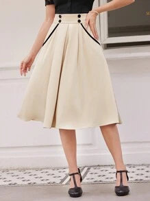 Vintamour 复古优雅女式 A 字裙，编织褶皱搭配撞色边缘，双排扣带口袋，适合度假和工作通勤返校服秋季女装老款商务女装休闲服教师服秋季服装工作女装 - 杏色 - 查看 4