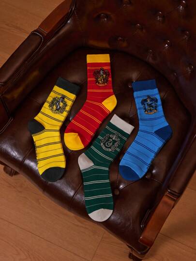 HARRY POTTER X SHEIN 女士徽章条纹图案撞色船袜，4双装，礼物，返校季