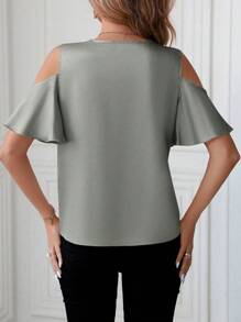 SHEIN Clasi Solid Color Lace Patchwork Open Shoulder Women's Summer Blouse - Olive Green - View 2