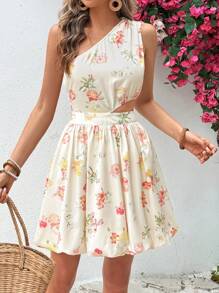 SHEIN VCAY Robe d'été pour femmes à épaule oblique creuse avec imprimerie florale - Multicolore - Voir 4