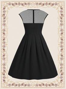 Vintamour 复古优雅女士波尔卡圆点网眼拼接圆领盖袖连衣裙搭配伞裙，A 字型黑色连衣裙，适合工作和休闲老式风格教师服装单身女郎礼服早午餐服装秋季礼服半正式礼服教师礼服夏季女装生日服装女装正式女装秋季婚礼宾客礼服约会晚礼服 - 黑色 - 查看 4