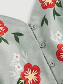 SHEIN MOD 复古 70 年代铁锈红色印花大码女式吊带连衣裙 - 綠色 - 查看 3