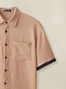 Manfinity VCAY Bộ áo sơ mi dệt tay ngắn dáng rộng cho nam, hoàn hảo cho mùa hè đi học - Màu Khaki - Xem 2