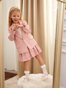 SHEIN Girls Casual Pink Plaid Blazer Jacket, White Top And Skirt 3pcs Set, Autumn/Winter New Arrival. This Set Uses A Pink Plaid Fabric With Pleated Skirt, And A Faux Pearl Elastic Waist Belt, Giving A Fashionable And Professional Look, Suitable For Daily And Formal Occasions, Allowing The Child To Show Confidence And Style. - Baby Pink - View 4