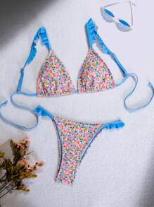 SHEIN Swim Women's Summer Beach Ditsy Floral Ruffle Trim Sexy Bikini Set, Random Print - Multicolor - View 1