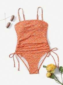 SHEIN Swim Ditsy Floral Drawstring Side One Piece Swimsuit Summer - Orange - View 1