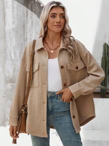 SHEIN LUNE Flap Pocket Drop Shoulder Single-Breasted Casual Travel Spring Autumn Jacket - Khaki - View 8