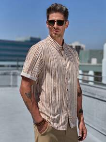 Manfinity Homme Men's Casual Striped Short Sleeve Shirt, Summer - Multicolor - View 7
