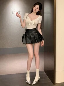 DAZY Women's Solid Color Pleated PU Skirt, Summer Leather Skirt - Black - View 2