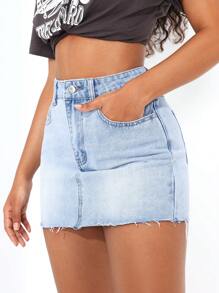 SHEIN PETITE 夏季休閒原邊荷葉邊牛仔裙 - 淺色水洗藍 - 查看 7