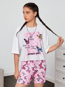 SHEIN Áo phông rộng rãi và quần đi xe đạp bó sát dành cho nữ tuổi teen Bộ 2 bộ thể thao thông thường - Hồng - Xem 5