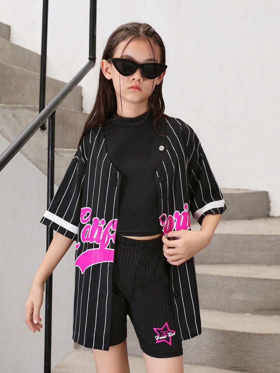 3pcs/Set Tween Girl Loose Black And White Striped Vest, Half High-Neck Short Cardigan & Cycling Shorts With Printed Patterns - Black - View 1