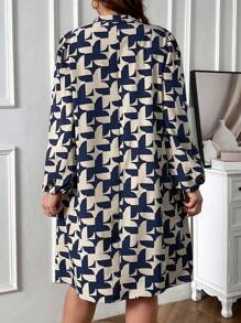 EMERY ROSE Plus Size Colorblocked V-Neck Lantern Sleeve Summer Dress For Women,Spring/Vacation - Multicolor - View 2