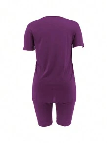 SHEIN Plus Letter Graphic Asymmetrical Hem Tee & Biker Shorts, For Summer - Violet Purple - View 2