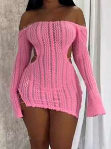 Vestido ajustado con hombros descubiertos y diseño calado de color liso, vestido corto de mujer sexy con corte, borde de lechuga, manga larga dividida con hombros descubiertos, ajuste regular, mangas cortas acampanadas, vestido corto liso para mujer, uso diario casual, primavera/otoño