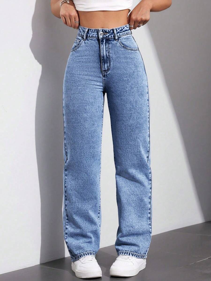 SHEIN EZwear Women's Solid Color Simple Daily Jeans - Blue - View 1