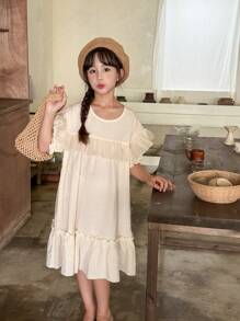SHEIN Tween Girls' Countryside Style Wide Ruffle Hem Round Neck Short Sleeve A-Line Dress, Perfect For Casual Summer - Apricot - View 6