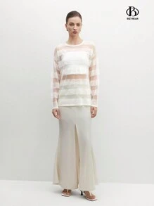 BizChic Áo len sọc xuyên thấu thông thường dành cho nữ - Màu be - Xem 6