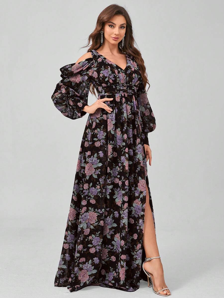 UNITHORSE 随机花卉剪裁V领灯笼袖露肩腰褶高端优雅高开叉雪纺礼服长款派对礼服婚礼宾客礼服舞会礼服