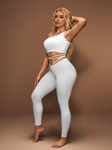 Slayform 女士純色交叉綁帶和皺摺修身運動褲