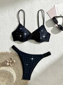 Bộ bikini hai mảnh đi biển mùa hè dành cho nữ màu trơn đính kim cương giả trang trí gợi cảm - màu đen - Xem 8