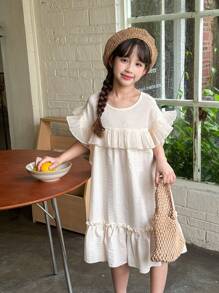 SHEIN Tween Girls' Countryside Style Wide Ruffle Hem Round Neck Short Sleeve A-Line Dress, Perfect For Casual Summer - Apricot - View 4