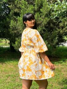 Flirla 大码V领全身印花女式时尚夏季连衣裙度假沙滩装 - 黃色 - 查看 2