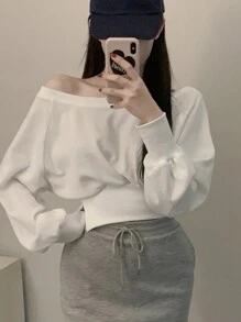 DAZY 女士短款露肩腰带卫衣，秋季可爱上衣 - 白色 - 查看 6