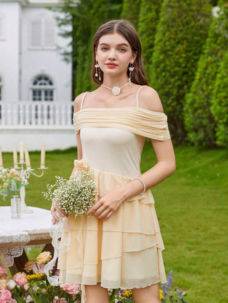 Teen Girl Knitted Hollow Out Mesh Contrast Removable 3D Flower Off Shoulder Slip Dress