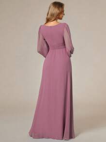 Elegant Chiffon Round Neck Lantern Sleeve Long Sleeve Light Pink Bridesmaid Dress, Suitable For Special Occasions, Galas, Wedding Guests, Etc., Winter Women's Clothing - Dusty Pink - View 5