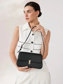 MOTF PREMIUM 纯色通勤简约时尚金属扣翻盖单肩包，多功能，女士包包优雅，奢华 - 黑色 - 查看 5