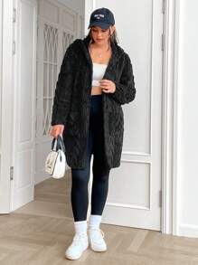 SHEIN EZwear Plus Size Coat With Barley Texture Jacquard Thermal, For Winter Fall Autumn - Black - View 3