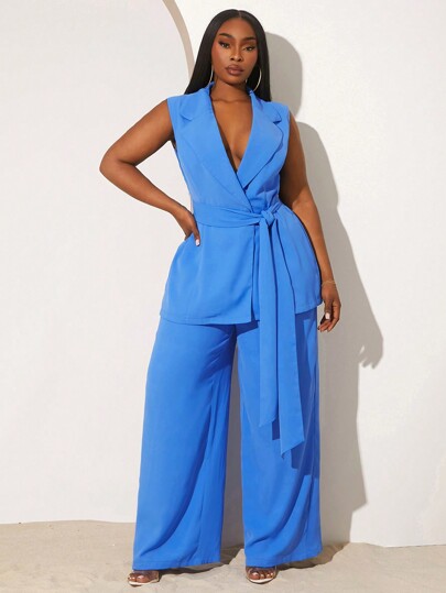 SHEIN SXY Plus Size Women's Solid Color Sleeveless Blazer Suit Set, Daily Wear In Fall/Winter