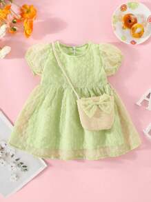 Summer Baby Girls' Mesh Short Sleeve Backpack Puff Dress - Green - View 1