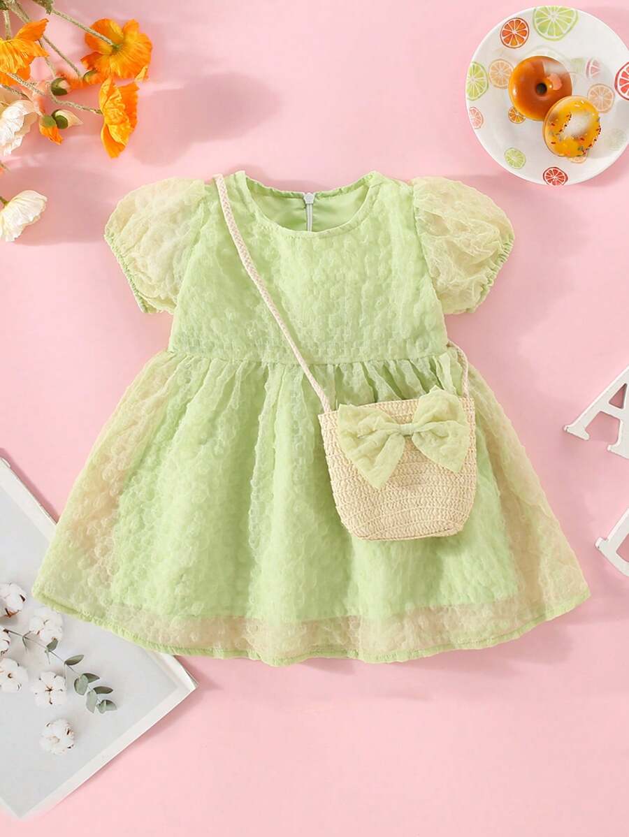 Summer Baby Girls' Mesh Short Sleeve Backpack Puff Dress - Green - View 1