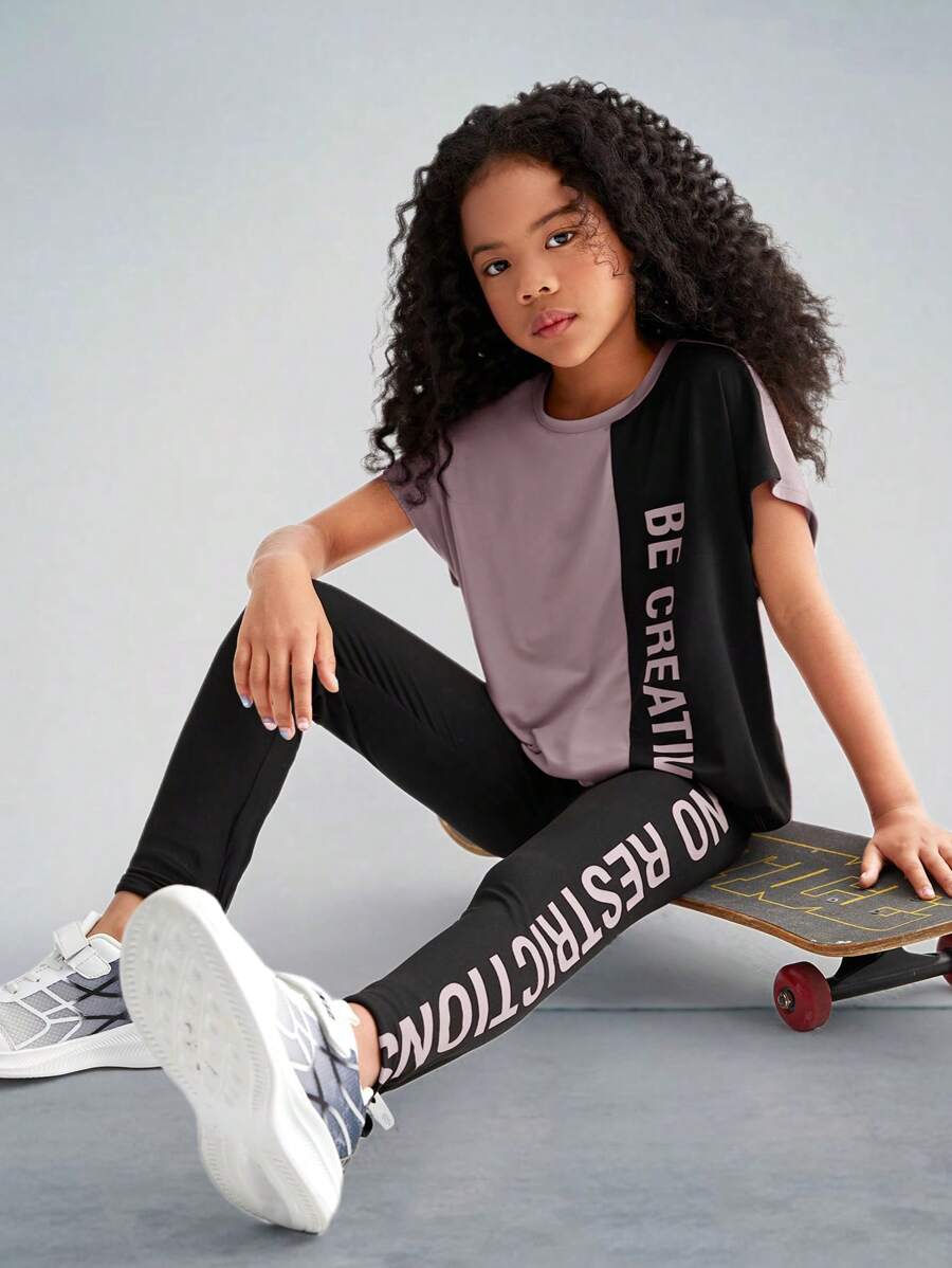 SHEIN Conjunto de dos piezas para niña preadolescente compuesto por camiseta de manga corta tejida con bloque de color y letra impresa y pantalones largos deportivos para el ocio - Púrpura polvoriento - Ver 1