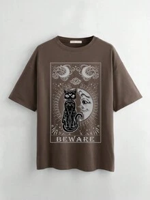 ROMWE Goth Áo thun họa tiết chữ mèo - màu nâu - Xem 1