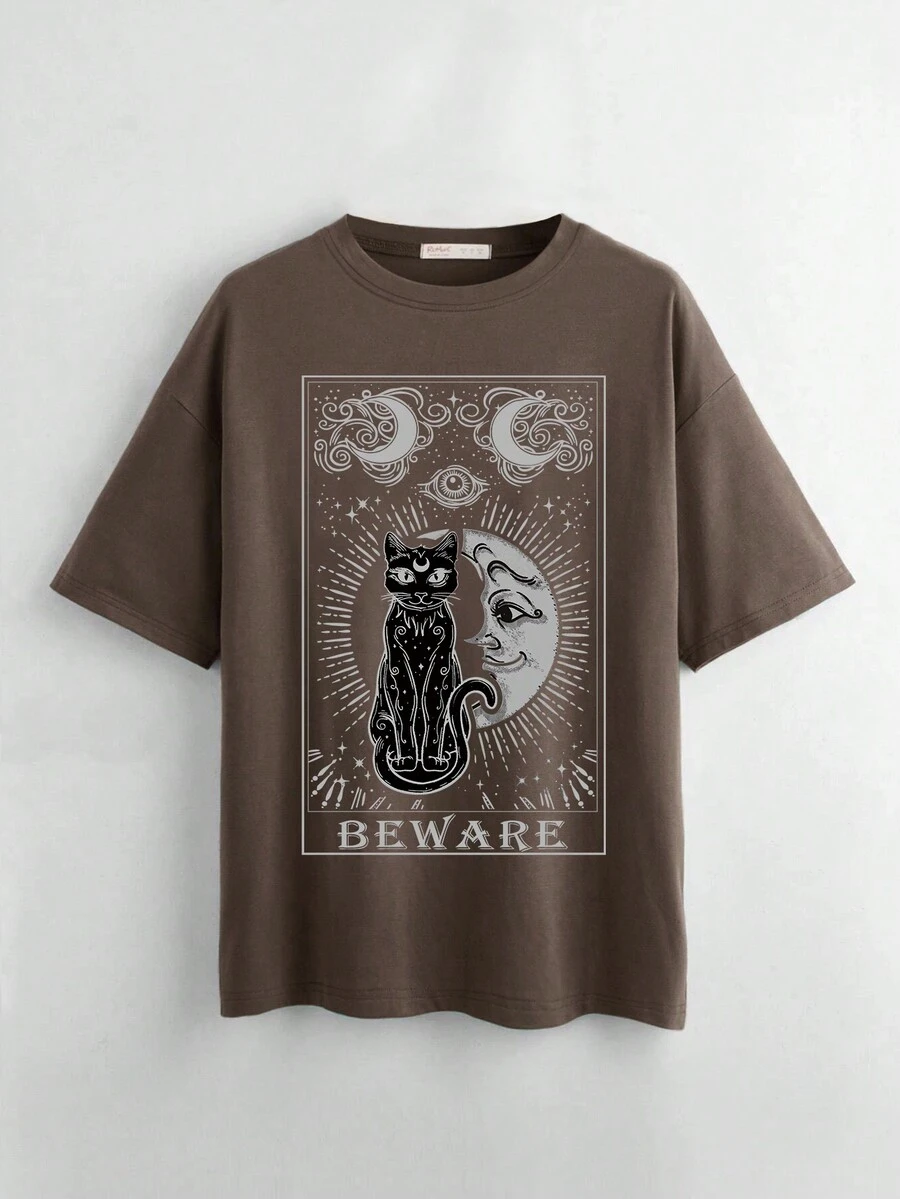 ROMWE Goth Áo thun họa tiết chữ mèo - màu nâu - Xem 1