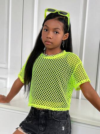 SHEIN Tween Girls Neon Yellow Sporty Streetwear Knit Mesh Round Neck Short Sleeve Top, Casual Sports Mommy And Me Matching Outfits (2 Sets Sold Separately)