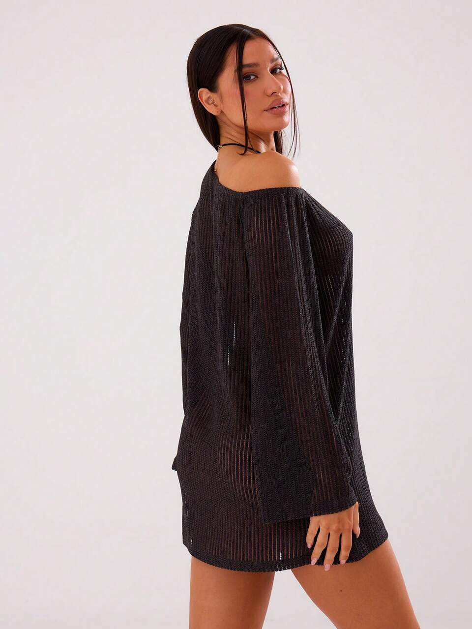 Sheer Knit Asymmetrical Shoulder Long Sleeve Mini Dress Spring Sexy Cute Summer