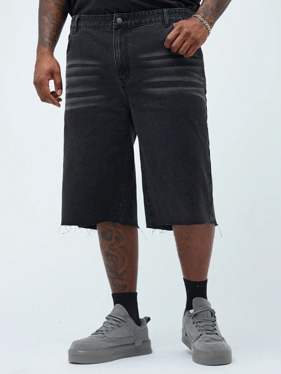 Manfinity EZcore Men's Plus Size Loose Fit Denim Shorts With Patchwork And Frayed Hem Design - Black - View 1