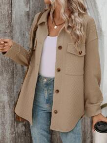 SHEIN LUNE Flap Pocket Drop Shoulder Single-Breasted Casual Travel Spring Autumn Jacket - Khaki - View 7