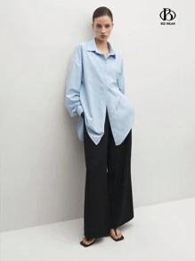 BizChic Blusa de escritório de negócios feminino, elegante estilo viajante azul listrado laço colarinho camisa solta - Azul - Ver 2