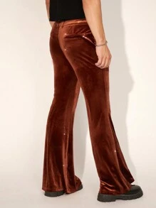 FeverCity Men's Korean Velvet Slim Fit Flared Long Dress Pants - Brown - View 3