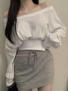 DAZY 女士短款露肩腰带卫衣，秋季可爱上衣 - 白色 - 查看 3