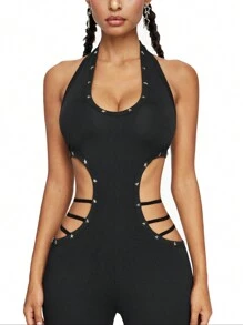 ROMWE Avant Star Rivet Waist Halter Backless Jumpsuit, Rave Festival - Black - View 8